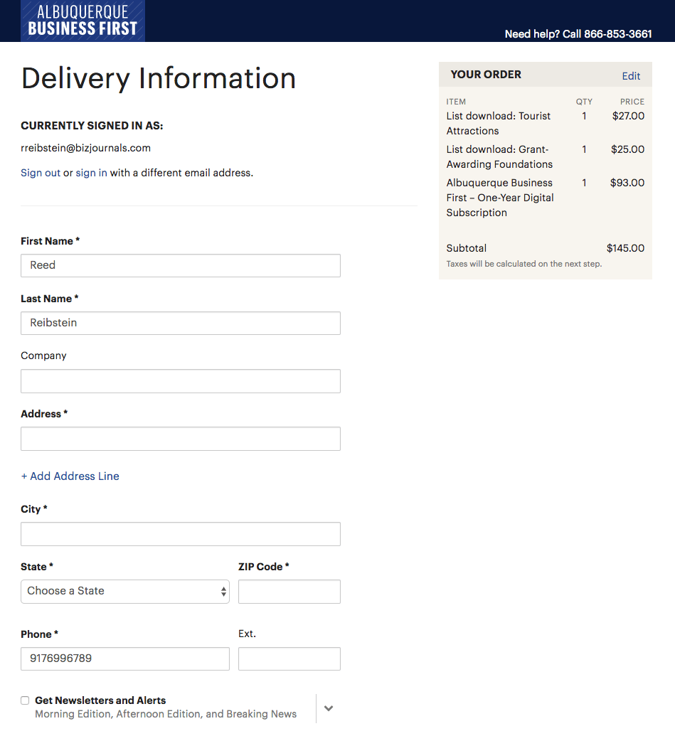 E-commerce delivery information screen
